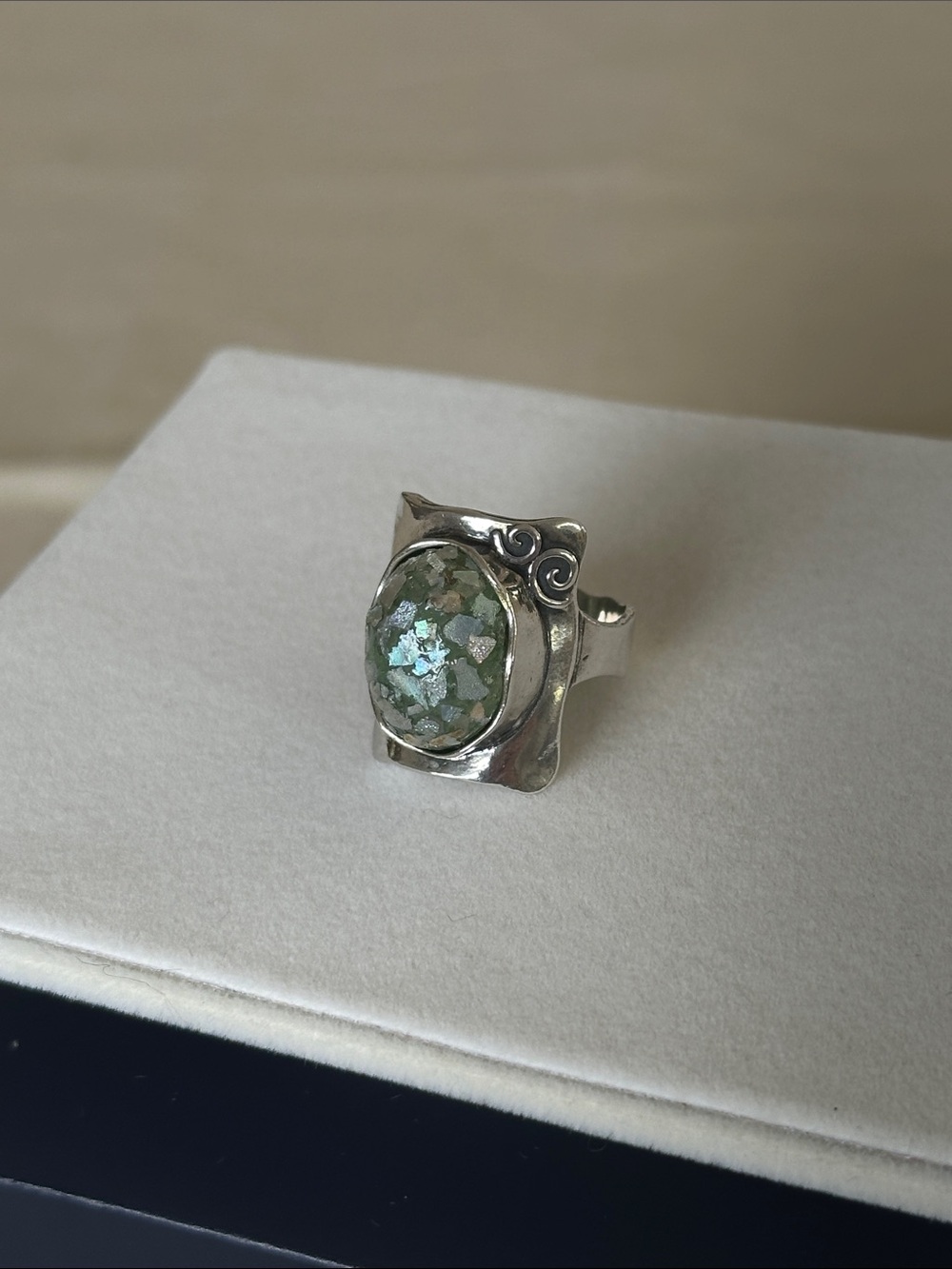 Sterling Silver Green Mosaic Glass Oval Statement Ring